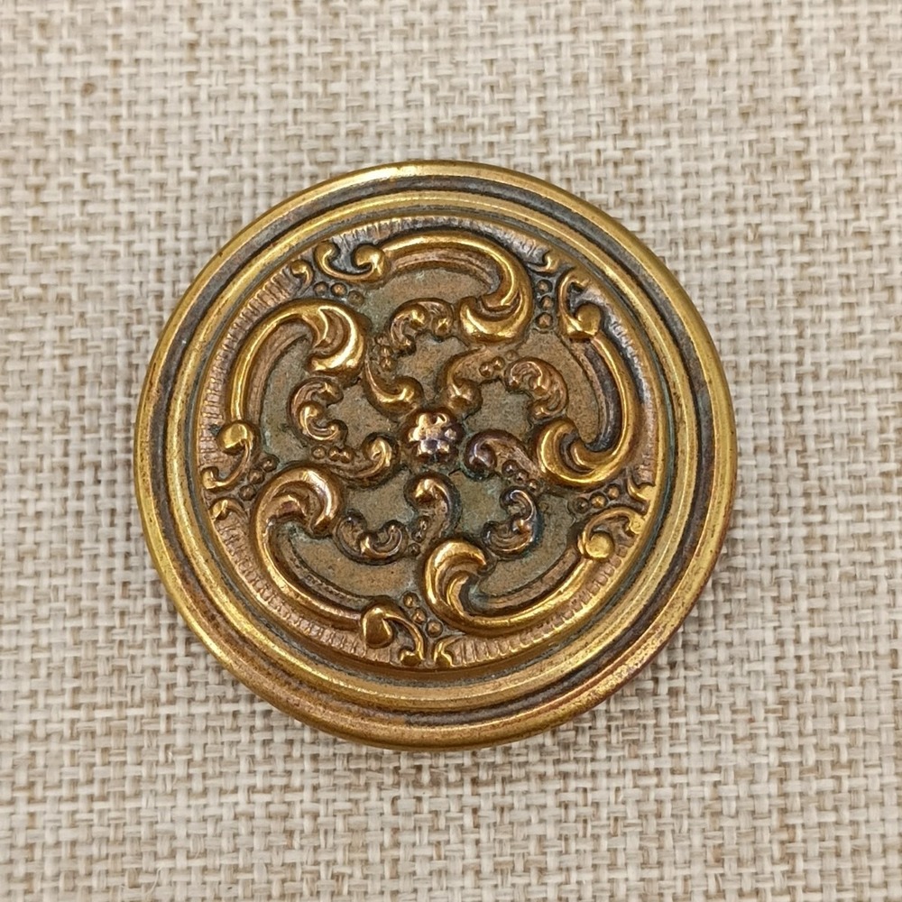 Antique Victorian Large Gilt Brass Ornate Scroll Floral Black Back Button 36mm